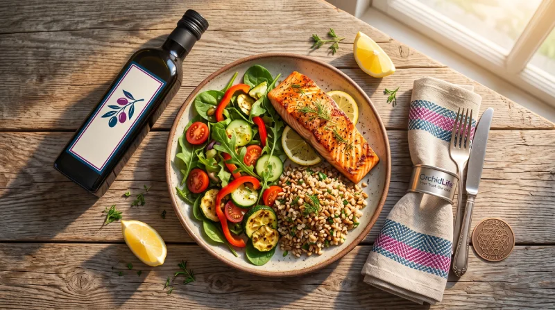 بشقاب استاندارد رژیم غذایی مدیترانهای شامل سبزیجات تازه، ماهی و غلات کامل برای درمان خانگی کبد چرب