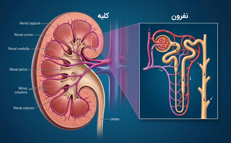 دیاگرام آناتومی داخلی کلیه و بزرگ‌نمایی ساختار فیلتراسیون نفرون در تصفیه خون