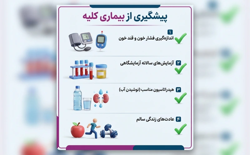 چک‌لیست تصویری راه‌های پیشگیری از نارسایی کلیه شامل پایش قند و فشار خون و آزمایش‌های دوره‌ای