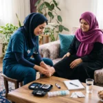 یک پرستار یا پزشک در حال معاینه و آموزش مراقبت از پای یک خانم مسن مبتلا به دیابت در خانه، در کنار تجهیزات پایش قند خون و داروهای روی میز