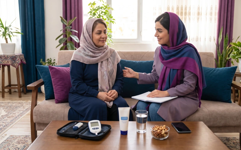 تصویر واقعگرایانه از گفتگوی صمیمانه و آموزشی یک مشاور زن (با پوشش پزشک/پشتیبان ارکید لایف با تم رنگی بنفش و سرمهای) با یک خانم میانسال در خانه، در حالی که روی میز جلویشان ابزارهای مراقبت از دیابت مثل دستگاه تست قند خون، کرم مراقبت از پوست/پا، آب و مواد مغذی (آجیل) دیده میشود. این تصویر حس همدلی، حمایت و آموزش خودمراقبتی برای پیشگیری از عوارض دیابت را منتقل میکند.