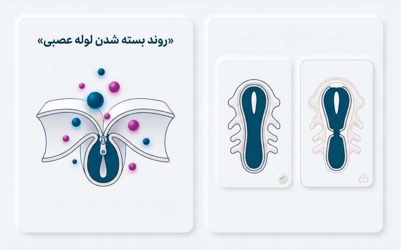 اینفوگرافیک مقایسه‌ای مراحل بسته شدن لوله عصبی جنین و اثر محافظتی اسید فولیک در بارداری برای پیشگیری از ناهنجاری نخاعی