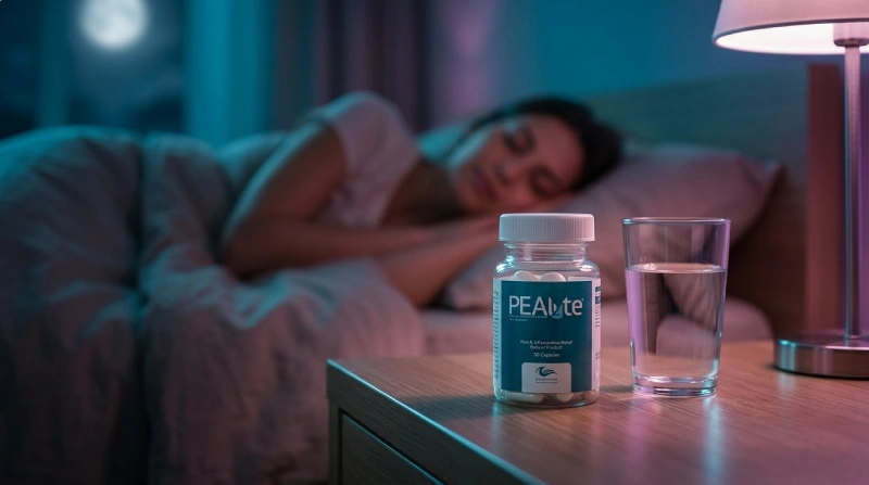 فردی در حال تجربه خواب آرام و عمیق شبانه در تختی راحت، به همراه شیشه مکمل پیلایت روی پاتختی در فضایی آرامشبخش با نور ملایم آبی و ارغوانی
